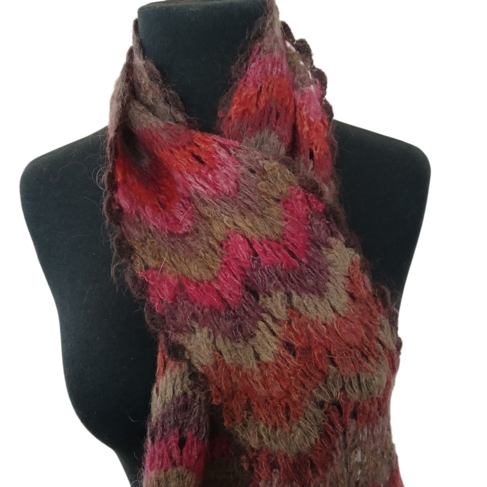 Vtg Eddie Bauer Zigzag Knit Scarf Cozy Mohair-Wool Lace Scalloped NO Itch
